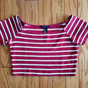 Forever 21 Red Striped Short-Sleeve Crop Top